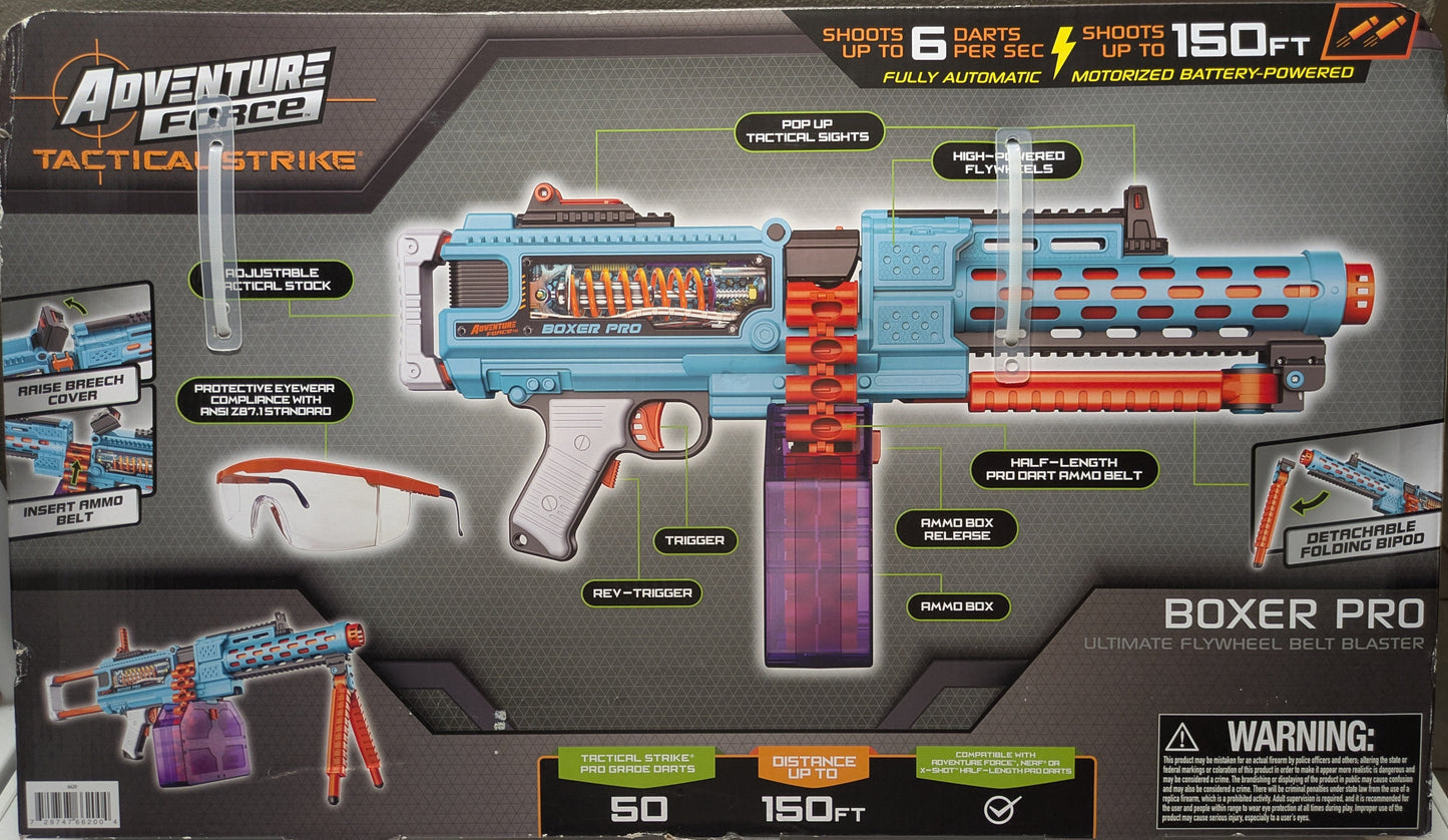 Boxer Pro toy blaster packaging with detailed graphics and text on a gray background