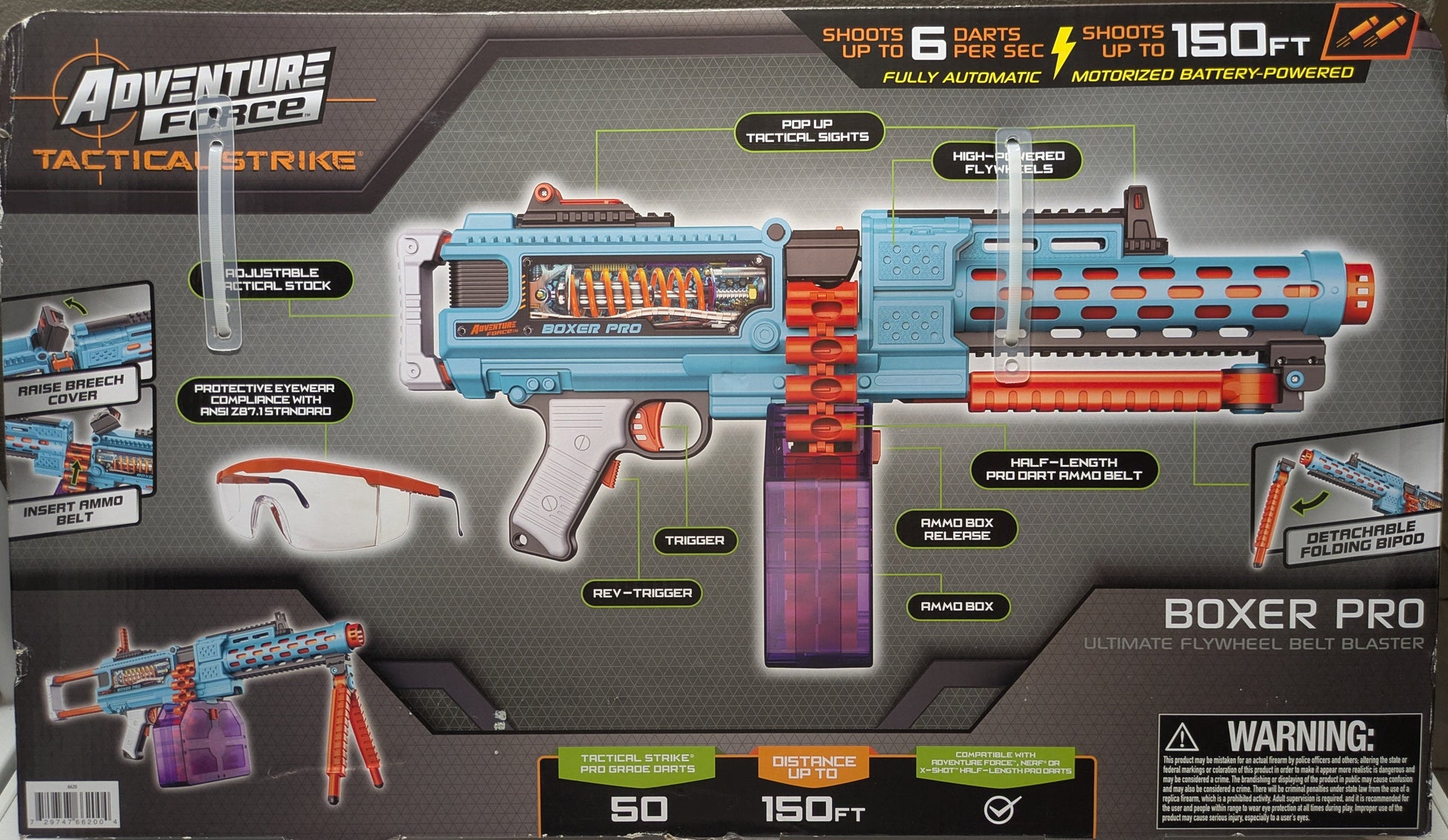 Boxer Pro toy blaster packaging with detailed graphics and text on a gray background