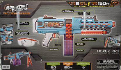 Boxer Pro toy blaster packaging with detailed graphics and text on a gray background