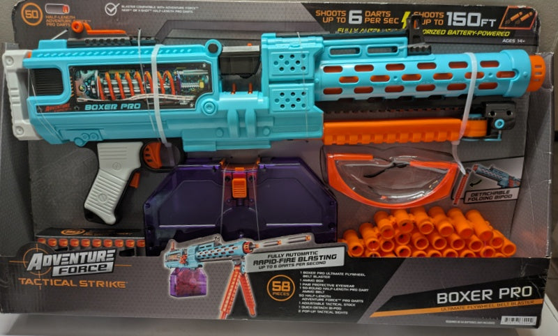 Toy blaster in packaging with 'Adventure Force' branding