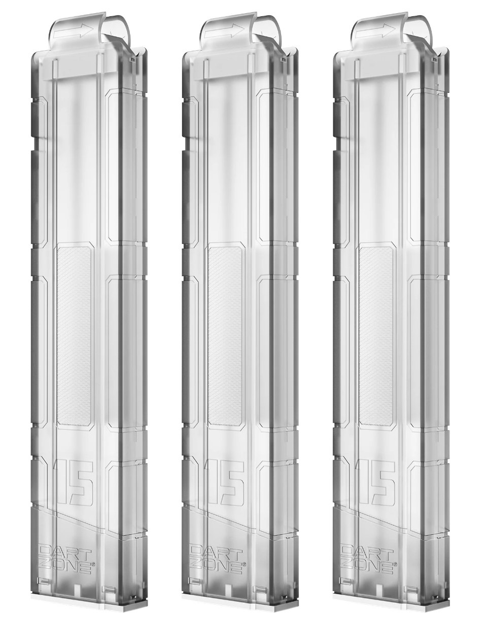 Three clear 1/2 dart magazines with DartZone Branding on a white background