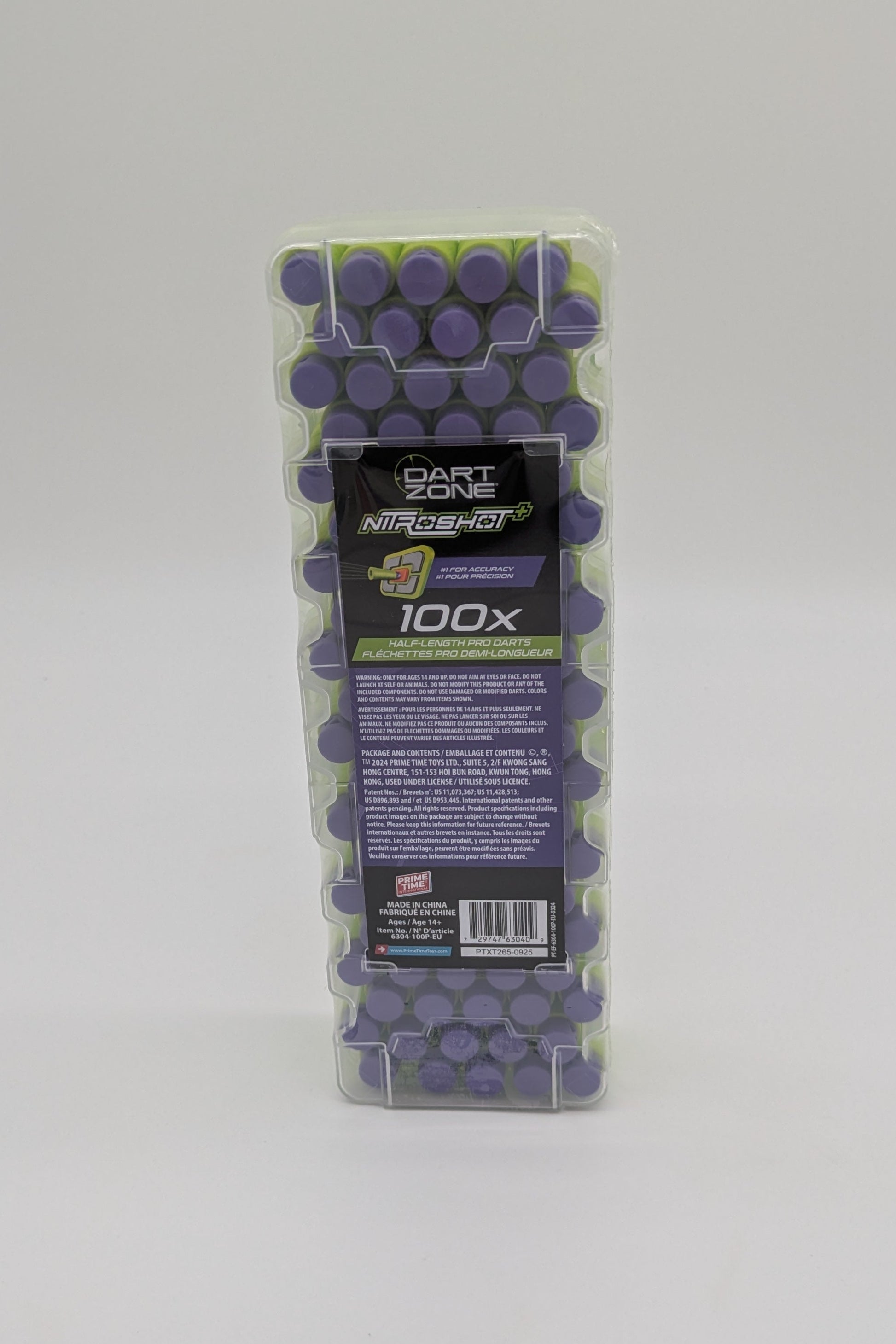Pack of purple darts with a label on a white background