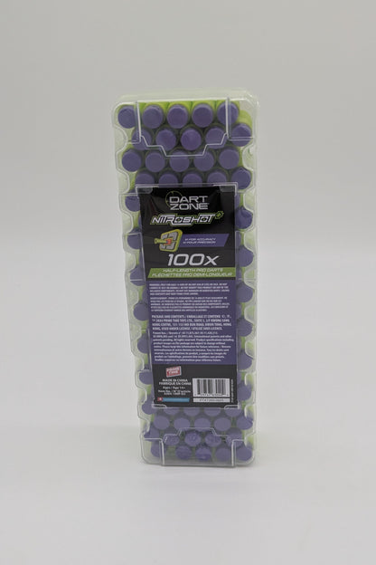Pack of purple darts with a label on a white background